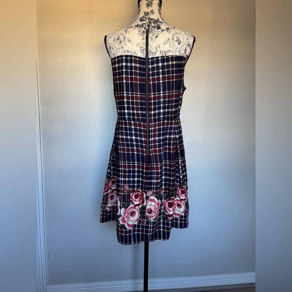 Xhilaration Navy Plaid Midi Dress with Pink Floral Design - Picture 6 of 14